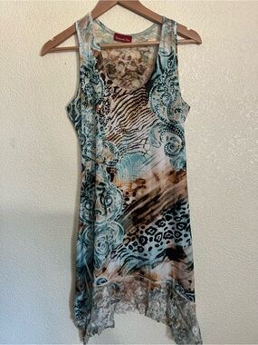 Renee C. Teal and Brown Mixed Print Lace-Trim Tank Dress